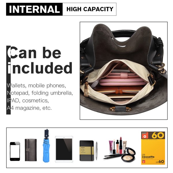 LT1917 - Miss Lulu 2 Piece Bucket Tote Bag Set - Black