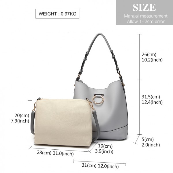 LT1917 - Miss Lulu 2 Piece Bucket Tote Bag Set - Grey
