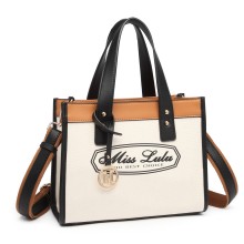 LT2027 - Miss Lulu Leather Look Logo Handbag - Beige