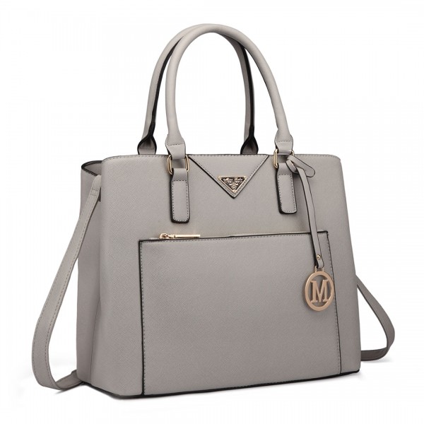 LT6611 - Fräulein Lulu Shopper Tote Bag mit Tasche in Faux Leder hellgrau