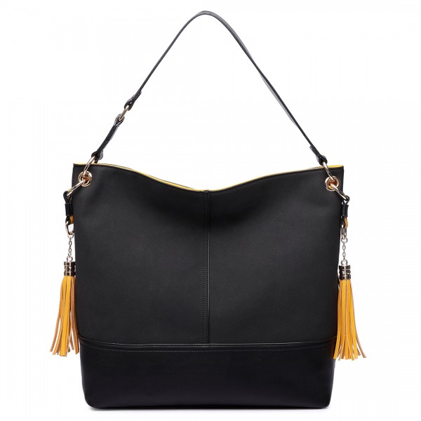 LT6616- Miss Lulu Frosted Leather Look Tassel Slouch Hobo Bag Black