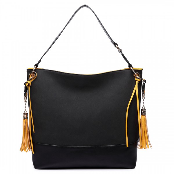 LT6616- Miss Lulu Frosted Leather Look Tassel Slouch Hobo Bag Black