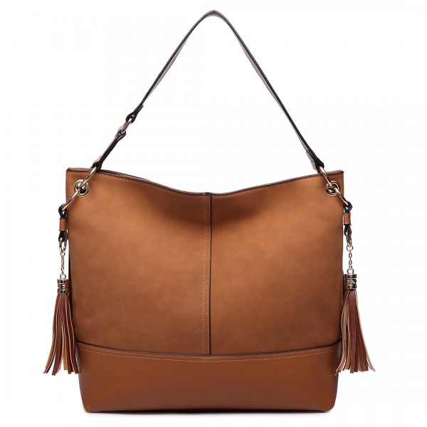 LT6616- Miss Lulu Frosted Leather Look Tassel Slouch Hobo Bag Brown