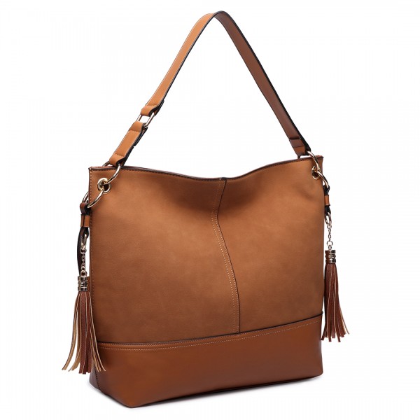 LT6616- Miss Lulu Frosted Leather Look Tassel Slouch Hobo Bag Brown