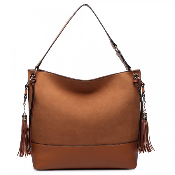 LT6616- Miss Lulu Frosted Leather Look Tassel Slouch Hobo Bag Brown