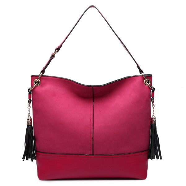 LT6616- Miss Lulu Frosted Leather Look Tassel Slouch Hobo Bag Burgundy