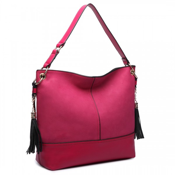 LT6616- Miss Lulu Frosted Leather Look Tassel Slouch Hobo Bag Burgundy