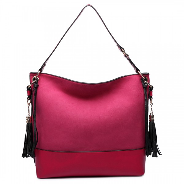 LT6616- Miss Lulu Frosted Leather Look Tassel Slouch Hobo Bag Burgundy