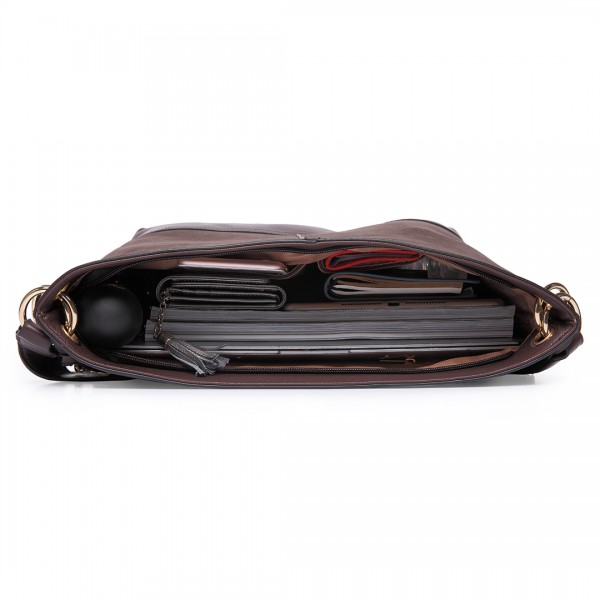 LT6616- Miss Lulu Frosted Leather Look Tassel Slouch Hobo Bag Coffee