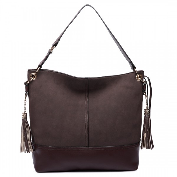 LT6616- Miss Lulu Frosted Leather Look Tassel Slouch Hobo Bag Coffee