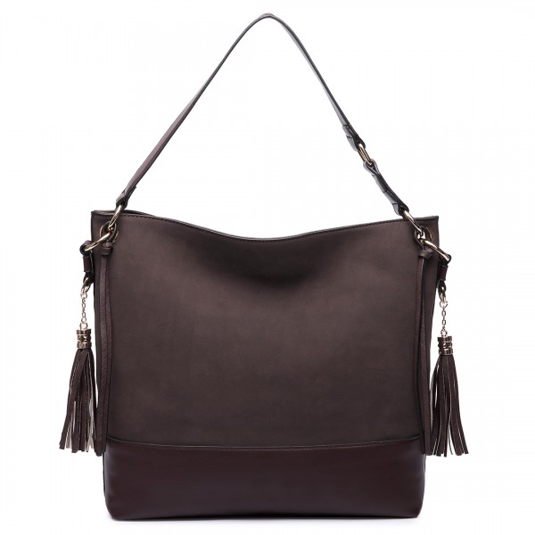 LT6616- Miss Lulu Frosted Leather Look Tassel Slouch Hobo Bag Coffee