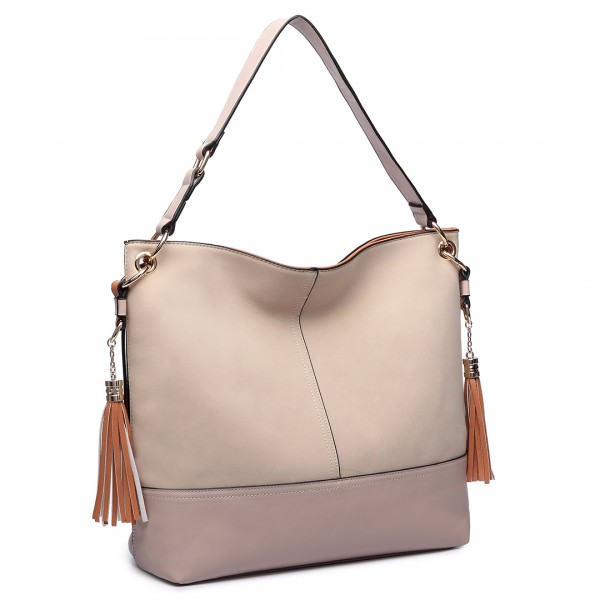 LT6616- Miss Lulu Frosted Leather Look Tassel Slouch Hobo Bag Camel