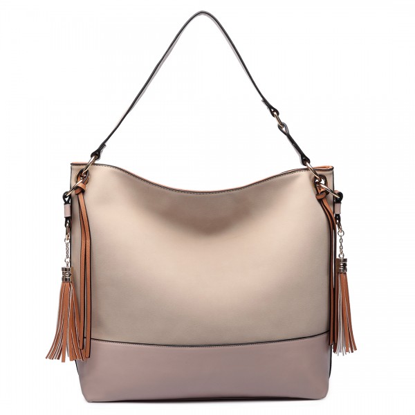 LT6616- Miss Lulu Frosted Leather Look Tassel Slouch Hobo Bag Camel