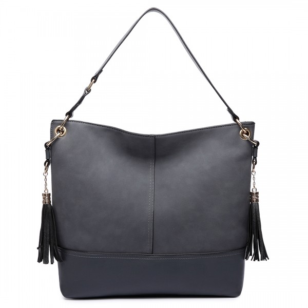 LT6616- Miss Lulu Frosted Leather Look Tassel Slouch Hobo Bag Grey