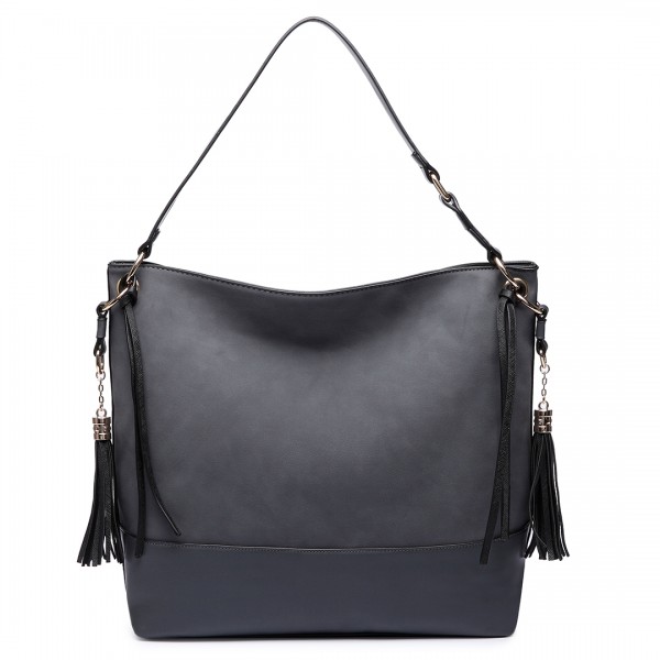 LT6616- Miss Lulu Frosted Leather Look Tassel Slouch Hobo Bag Grey