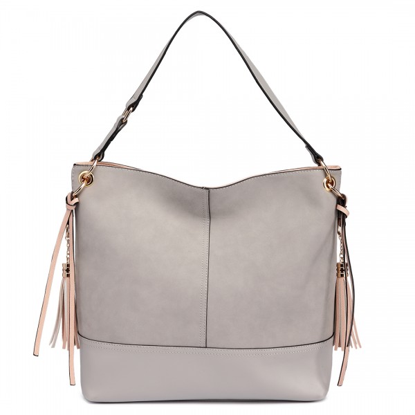 LT6616 - Miss Lulu Frosted Leather Look Tassel Slouch Hobo Bag Light Grey