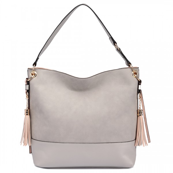 LT6616 - Miss Lulu Frosted Leather Look Tassel Slouch Hobo Bag Light Grey