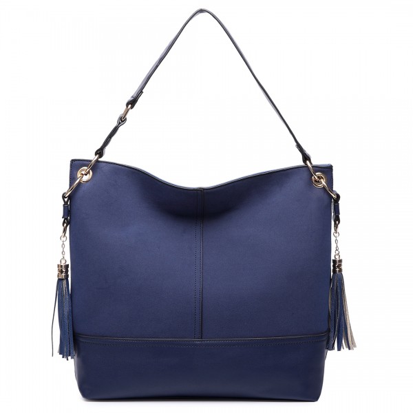 LT6616- Miss Lulu Frosted Leather Look Tassel Slouch Hobo Bag Navy