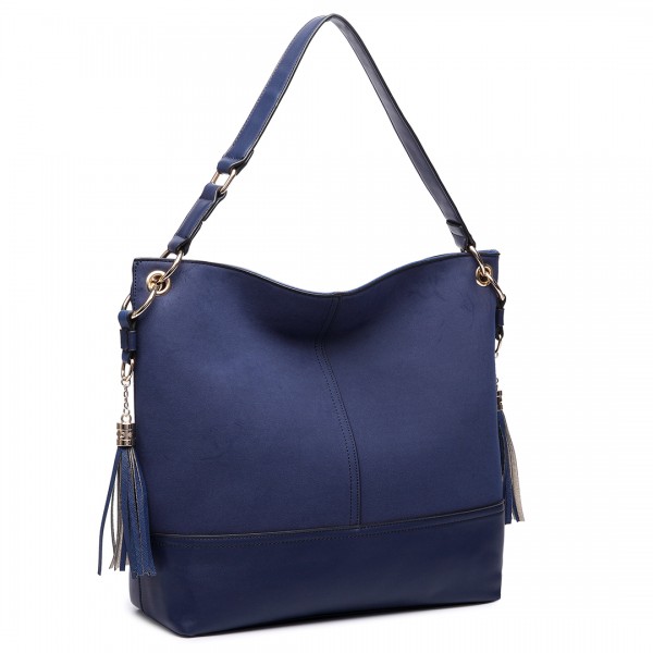 LT6616- Miss Lulu Frosted Leather Look Tassel Slouch Hobo Bag Navy