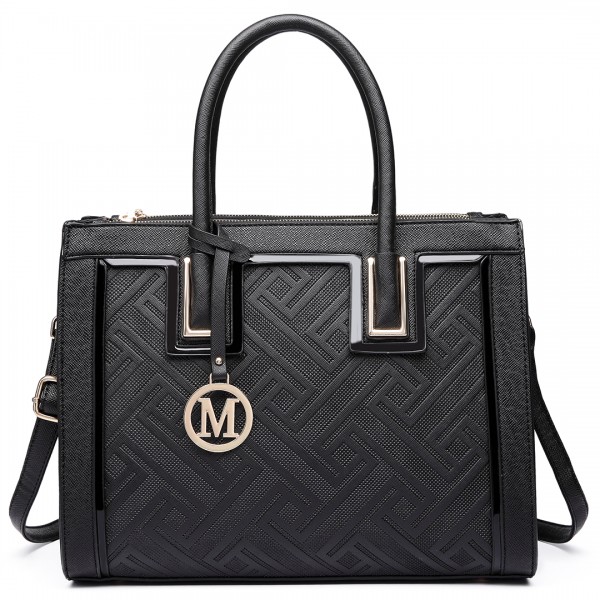 LT6622 - Miss Lulu Raised Cord Tote Handbag Faux Leather Black