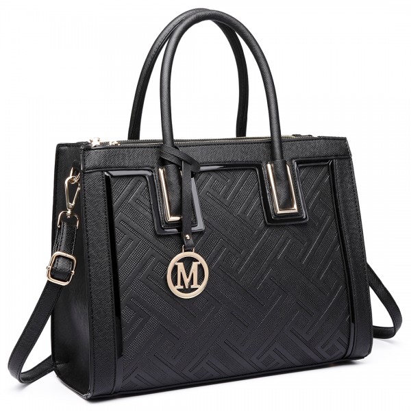 LT6622 - Miss Lulu Raised Cord Tote Handbag Faux Leather Black