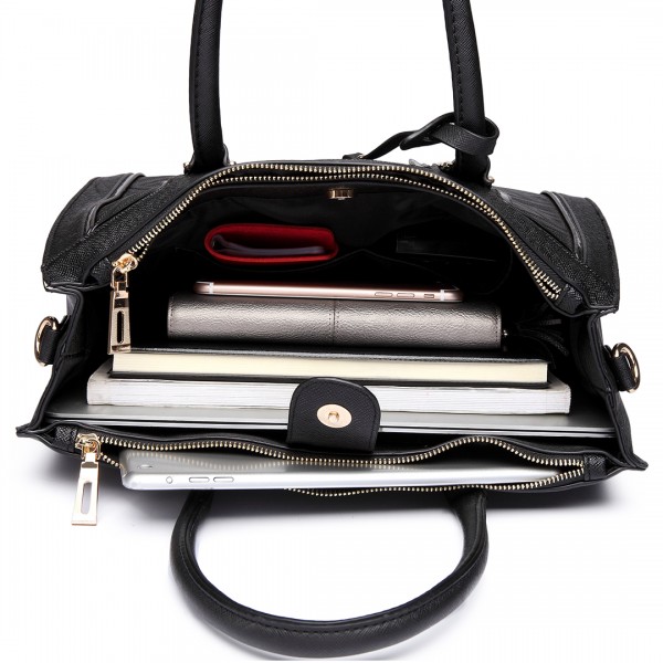 LT6622 - Miss Lulu Raised Cord Tote Handbag Faux Leather Black