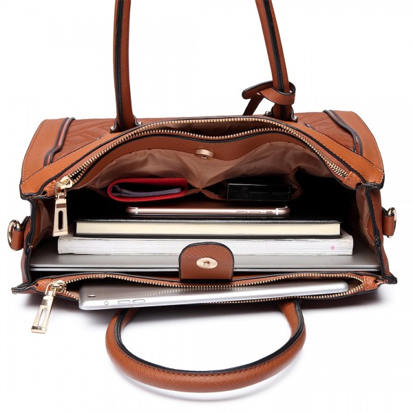 LT6622 - Miss Lulu Raised Cord Tote Handbag Faux Leather Brown