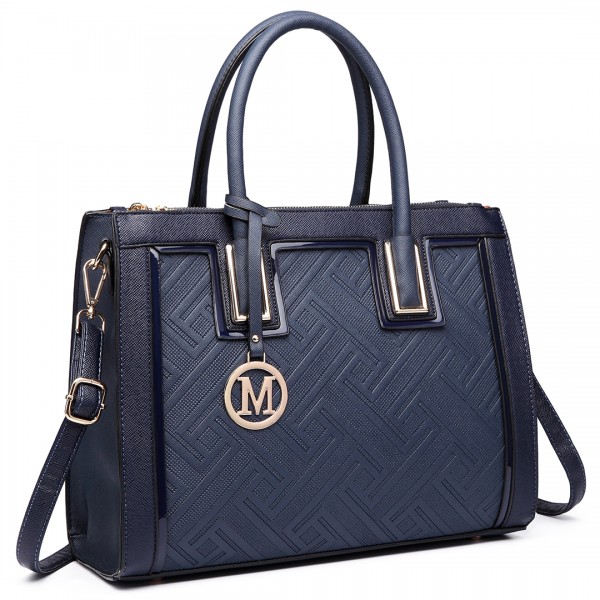 LT6622 - Miss Lulu Raised Cord Tote Handbag Faux Leather Navy