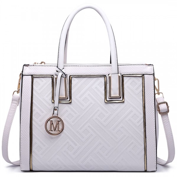 LT6622 - Miss Lulu Raised Cord Tote Handbag Faux Leather White