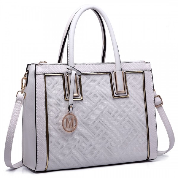 LT6622 - Miss Lulu Raised Cord Tote Handbag Faux Leather White