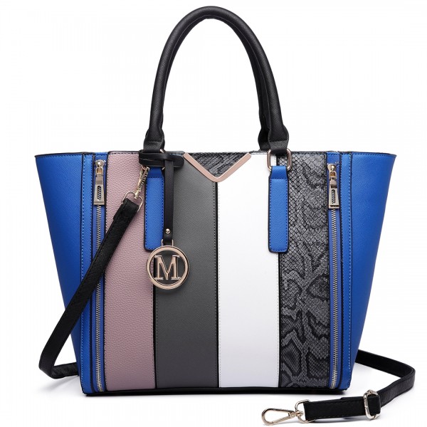 LT6624 - Miss Lulu Panelled Stripe Design Tote Handbag Blue