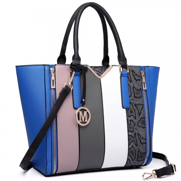 LT6624 - Miss Lulu Panelled Stripe Design Tote Handbag Blue