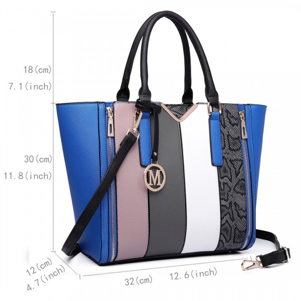 LT6624 - Miss Lulu Panelled Stripe Design Tote Handbag Blue