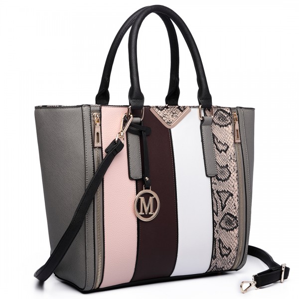 LT6624- Miss Lulu Panelled Stripe Design Tote Handbag Grey