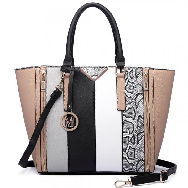 LT6624- Miss Lulu Panelled stripe design Tote Handbag Nude
