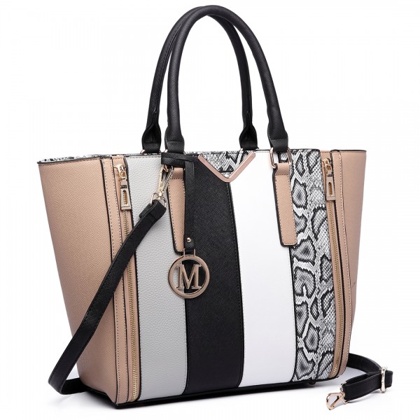 LT6624- Miss Lulu Panelled stripe design Tote Handbag Nude