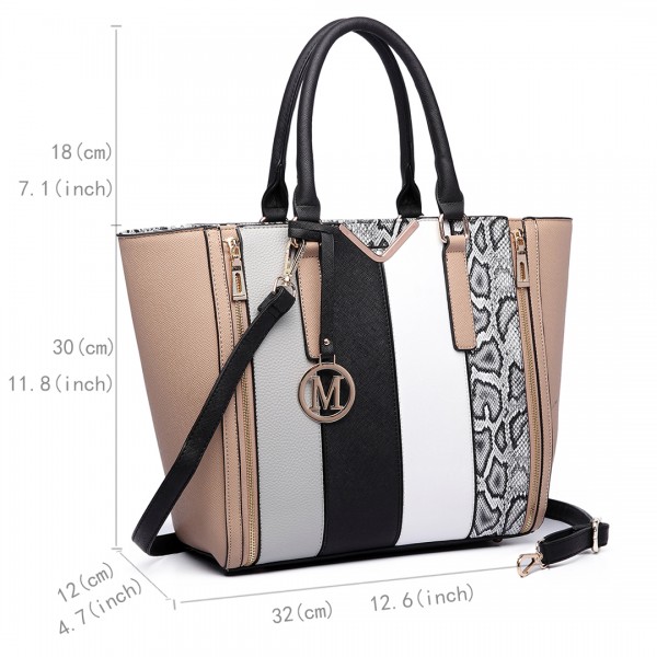LT6624- Miss Lulu Panelled stripe design Tote Handbag Nude