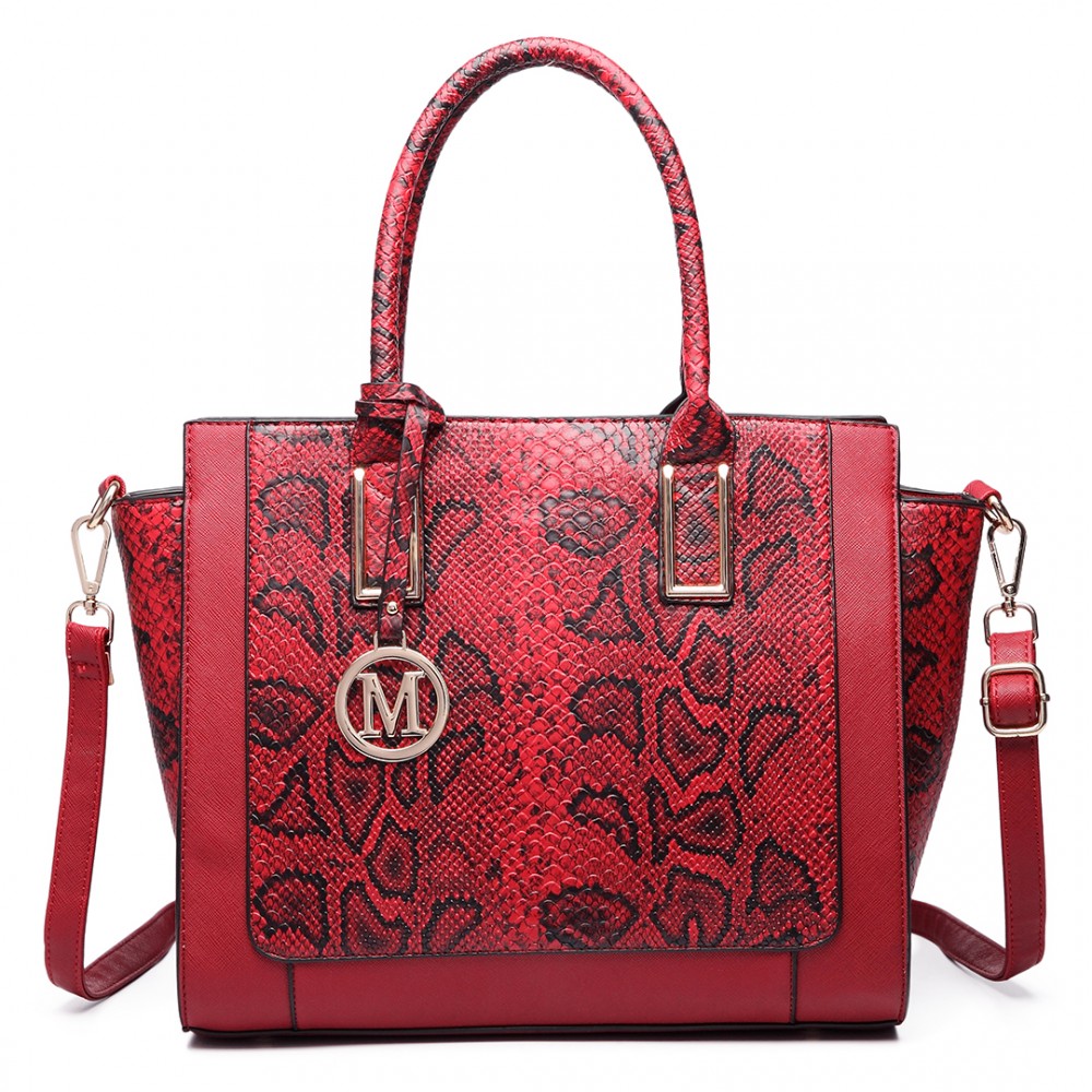 LT6626 - Miss Lulu Faux Leather Snakeskin Pattern Winged Tote Bag Red