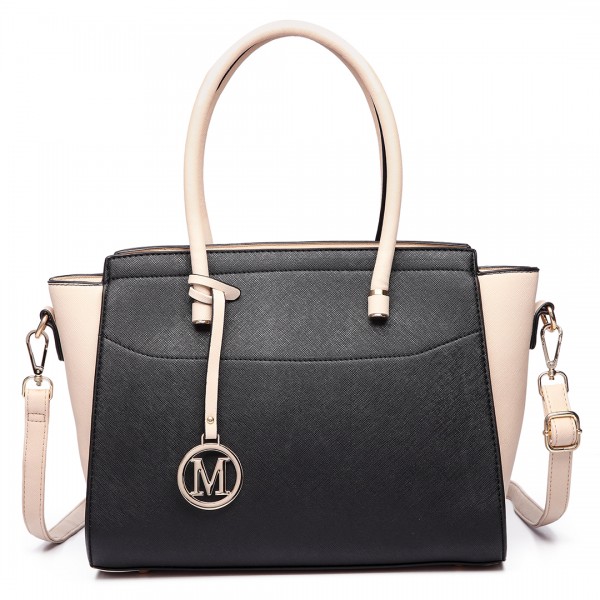 LT6627 - Miss Lulu Faux Leather Large Winged Tote Bag Handbag Black/Beige