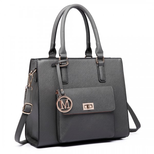 LT6635 - Miss Lulu Women Faux Leather Front Pocket Tote Bag Handbag Grey