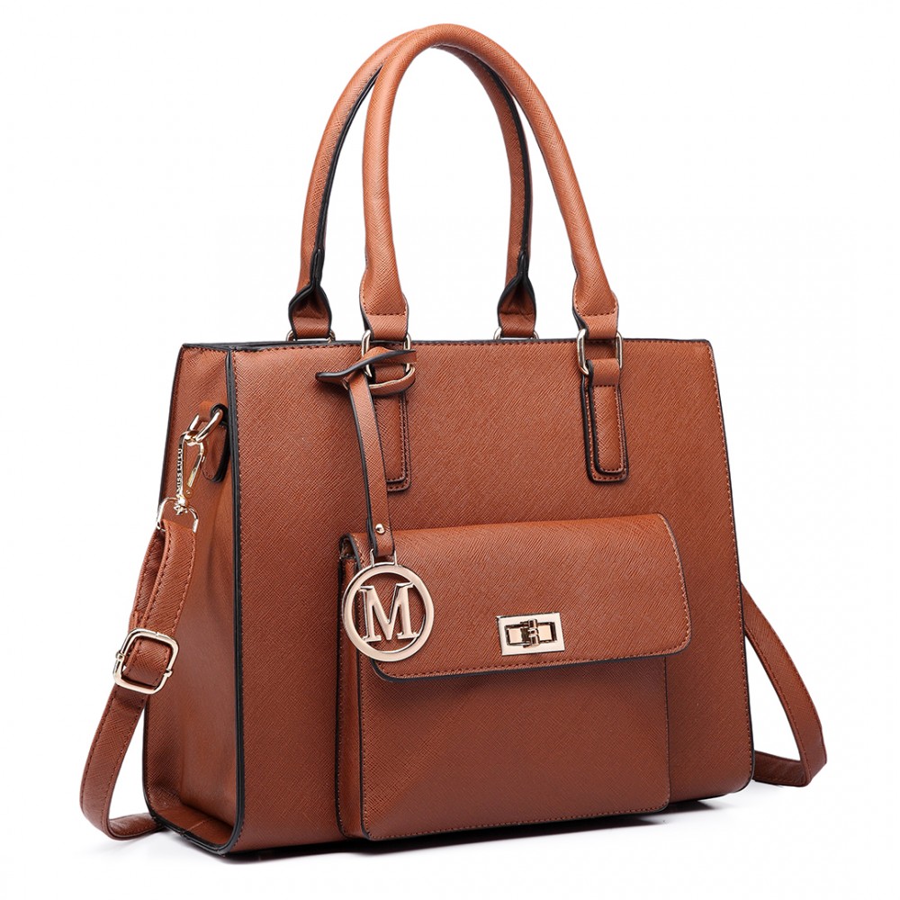 LT6635 - Miss Lulu Women Faux Leather Front Pocket Tote Bag Handbag Brown