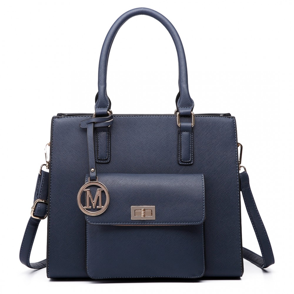 LT6635 - Miss Lulu Women Faux Leather Front Pocket Tote Bag Handbag Navy