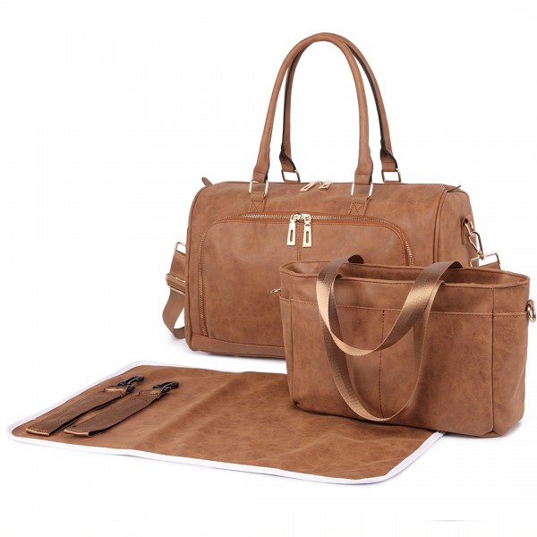 LT6638 - Miss Lulu Leather Look Maternity Changing Shoulder Bag Brown