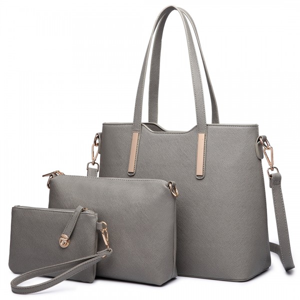 LT6648 - Miss Lulu Three Piece Tote Shoulder Bag And Clutch - Grey LT6648 - Miss Lulu Three Piece Tote Shoulder Bag And Clutch - Grey