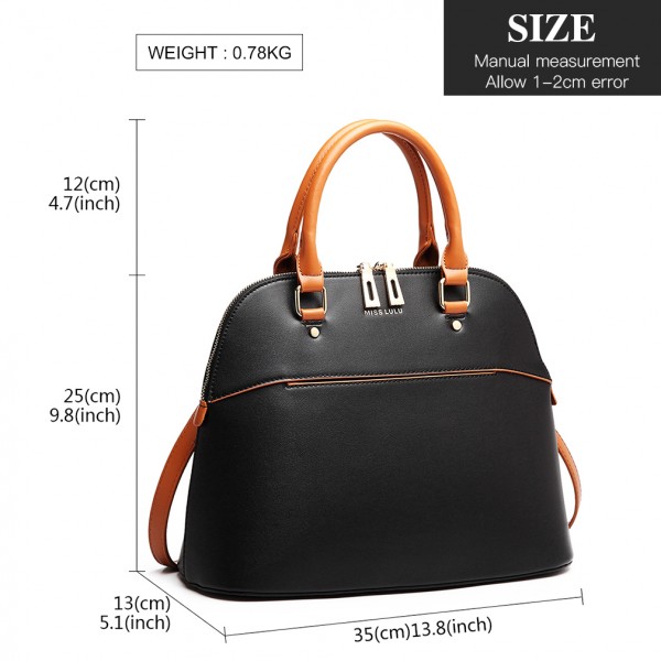 LT6905 - Miss Lulu Contrasting Detail Bowling Style Shoulder Bag - Black
