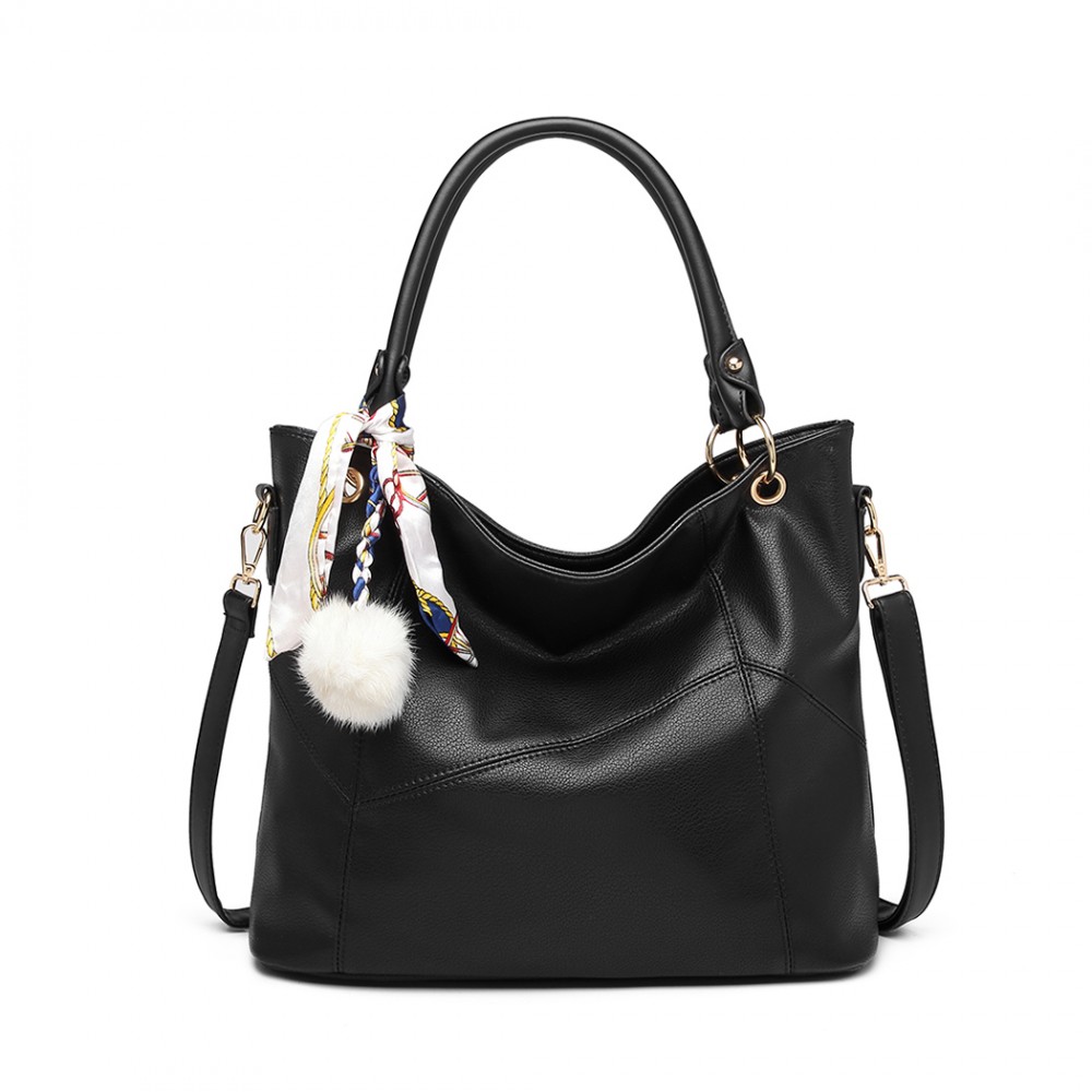 LT6911 - Miss Lulu Leather Look Hobo Slouch Shoulder Bag - Black
