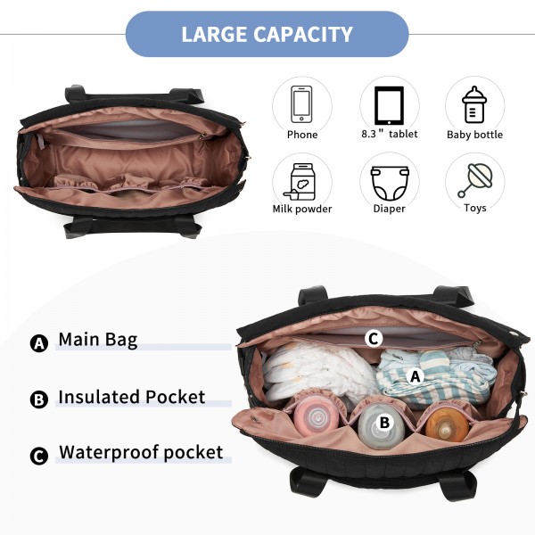 BCM2517 - Miss Lulu Stylish and Spacious Maternity Diaper Bag with Insulated Baby Bottle Pockets,Wet-Dry Separation,Stroller Strap - Black