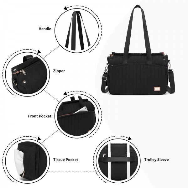 BCM2517 - Miss Lulu Stylish and Spacious Maternity Diaper Bag with Insulated Baby Bottle Pockets,Wet-Dry Separation,Stroller Strap - Black