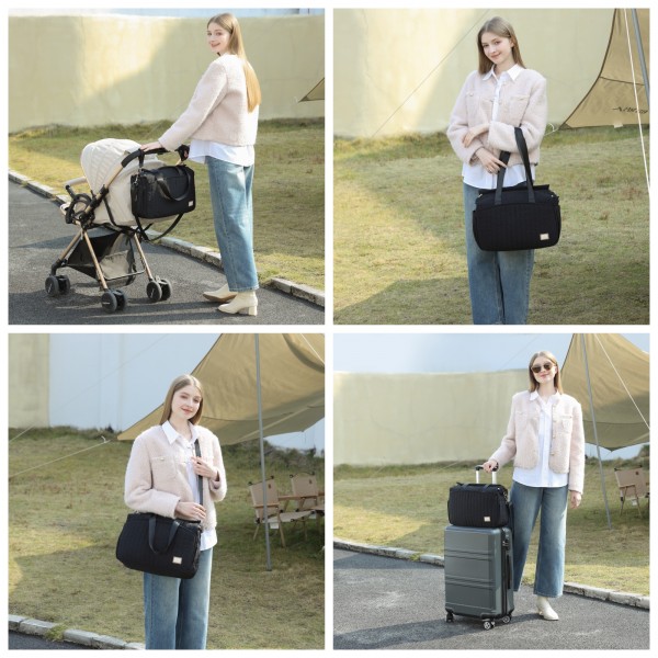 BCM2517 - Miss Lulu Stilvolle und Geräumige Wickeltasche mit Isolierten Flaschenfächern, Nass-Trocken-Trennung und Kinderwagen-Gurt - Schwarz