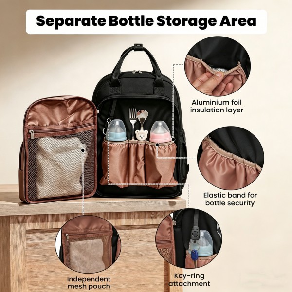 BCM2532 - Miss Lulu Stilvoller multifunktionaler Wickelrucksack mit isolierten Flaschenhaltern, Kinderwagenhaltern und Trolley-Schlaufe - Schwarz